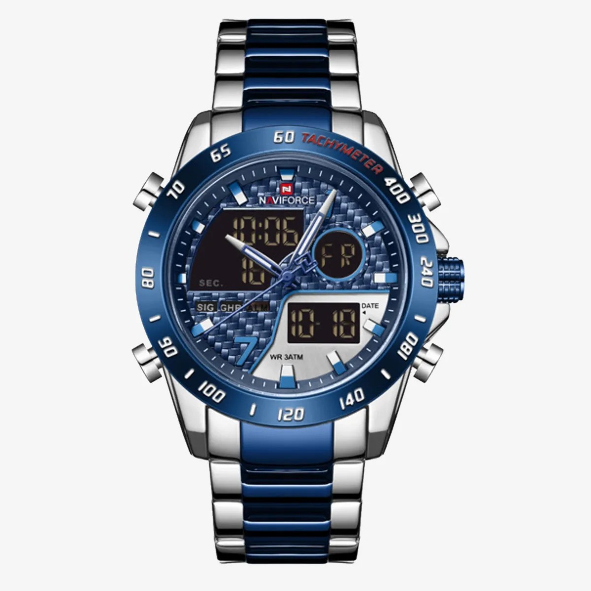NAVIFORCE NF9171 Silver And Royal Blue Two-tone Stainless Steel Dual Wrist Watch For Men By Primecick - Image 2