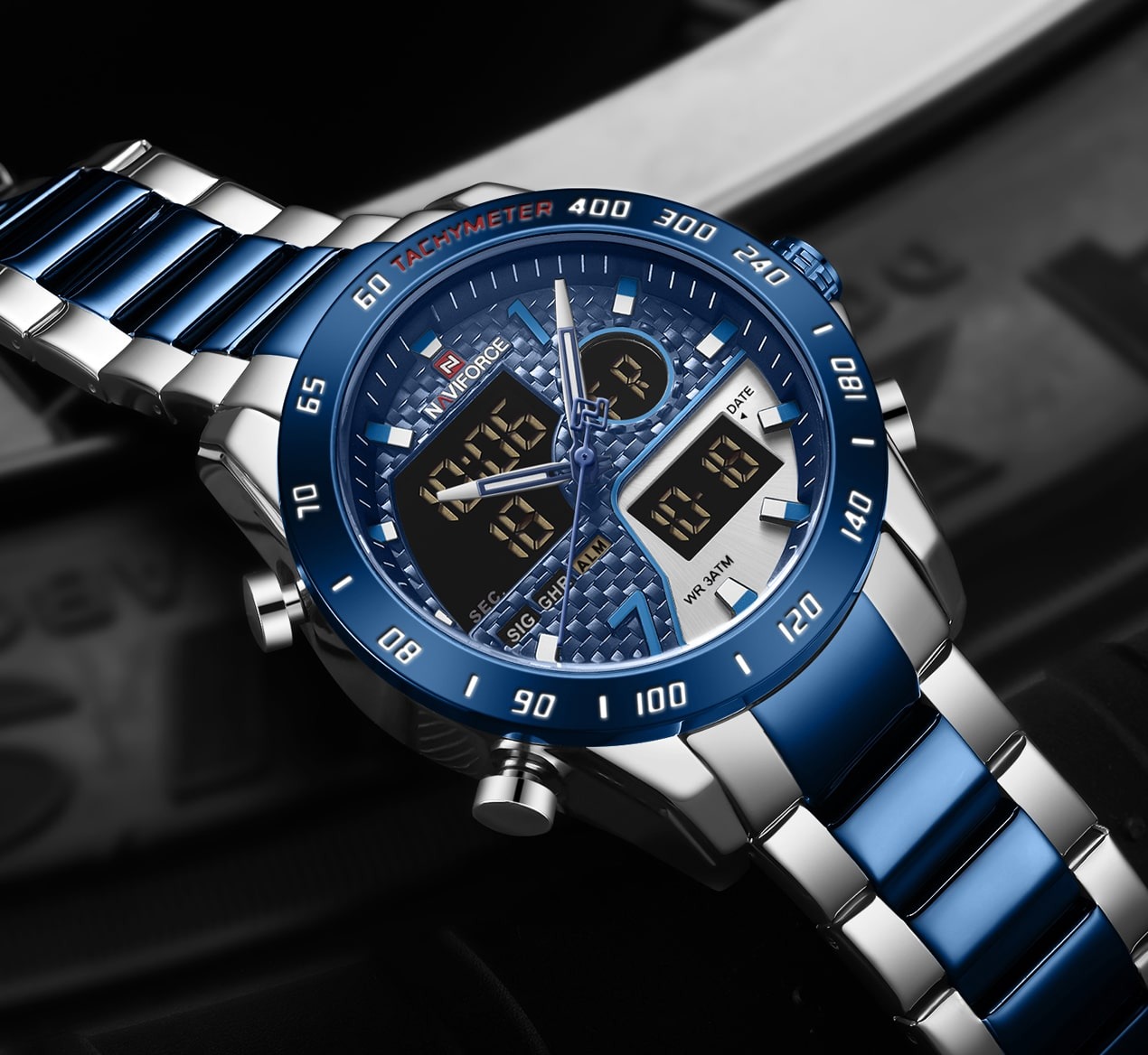 NAVIFORCE NF9171 Silver And Royal Blue Two-tone Stainless Steel Dual Wrist Watch For Men By Primecick