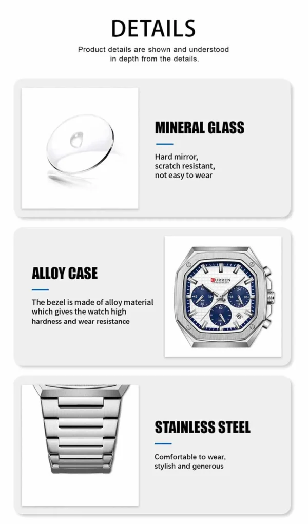 CURREN 8459 Luxury Fashion Square Dial Stainless Steel Active Chronograph Luminous Watch For Men With Free Box By Primepick. - Image 5