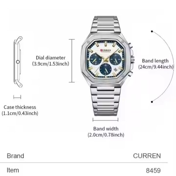 CURREN 8459 Luxury Fashion Square Dial Stainless Steel Active Chronograph Luminous Watch For Men With Free Box By Primepick. - Image 4