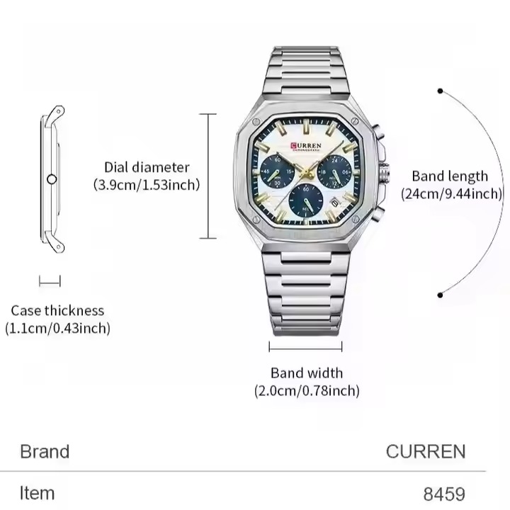 CURREN 8459 Luxury Fashion Square Dial Stainless Steel Active Chronograph Luminous Watch For Men With Free Box By Primepick. - Image 4