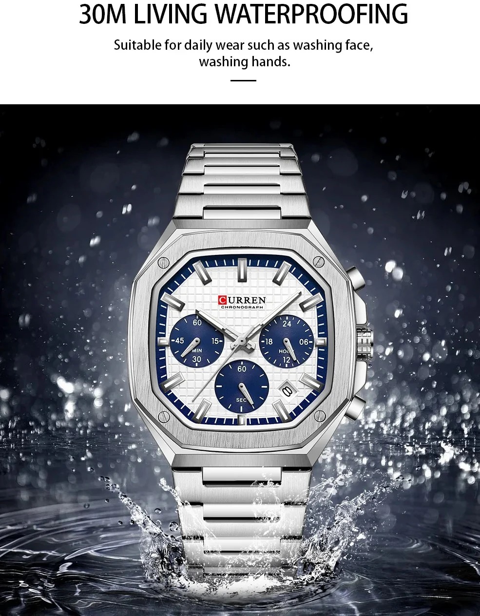 CURREN 8459 Luxury Fashion Square Dial Stainless Steel Active Chronograph Luminous Watch For Men With Free Box By Primepick. - Image 2