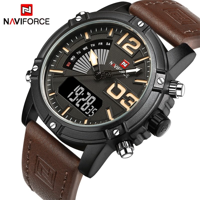 NAVIFORCE NF9095 Luminous Faux Leather Strap Analog Digital Watch for Men- Chocolate