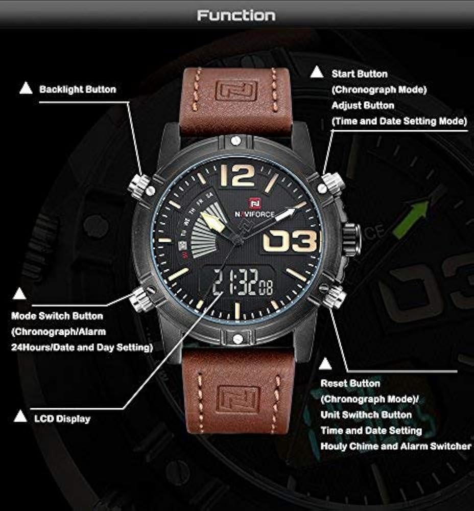 NAVIFORCE NF9095 Luminous Faux Leather Strap Analog Digital Watch for Men- Chocolate - Image 3