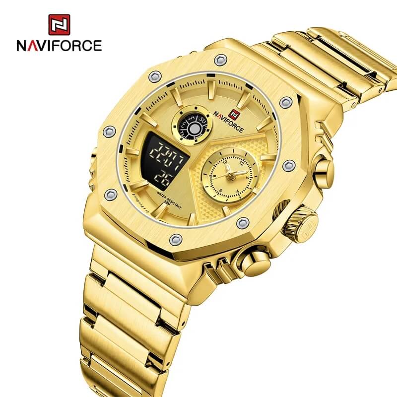 NAVIFORCE NF9216S Golden Stainless Steel Dual Time Watch For Men