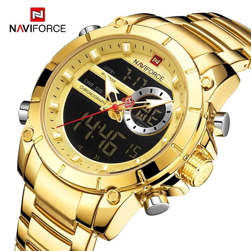 Brand: Naviforce Model Number: NF9163 Water Resistant: 3ATM Luminous Part: Hands, Hour Marker Plating Technique: Environmental vacuum electroplating Warranty Period: 1 year Weight: 170g Total Length:240mm Case Diameter: 43.5 mm Case Thickness: 15.5 mm Case Material: Zinc alloy Case Shape: Round Crystal: Reinforced mineral glass Movement Type: Analog Quartz + LCD Digital Movement Partner: Japanese seiko Strap Material: Stainless steel Clasp Type: Hook BUckle Band Width: 22mm