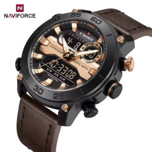 NAVIFORCE 9235 BRGDBN Men Watch Quartz Analog LCD Digital Wristwatch Leather Strap Date Sport Waterproof Watches
