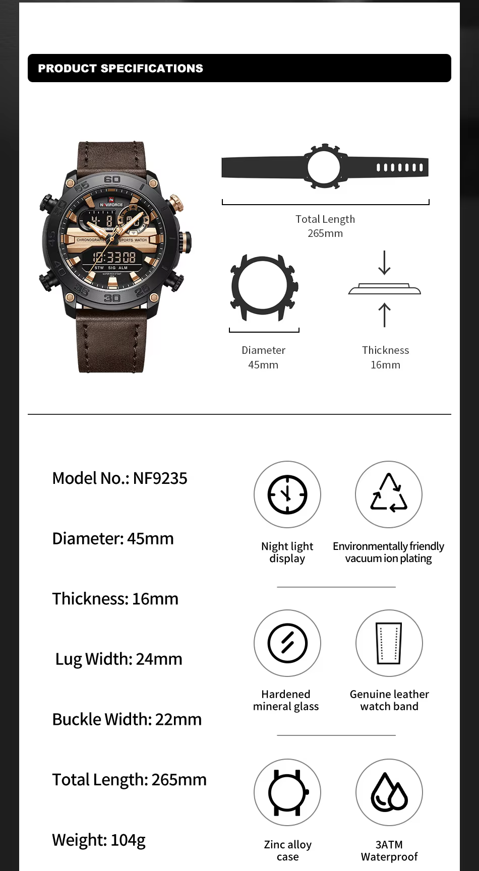 NAVIFORCE 9235 BRGDBN Men Watch Quartz Analog LCD Digital Wristwatch Leather Strap Date Sport Waterproof Watches - Image 5