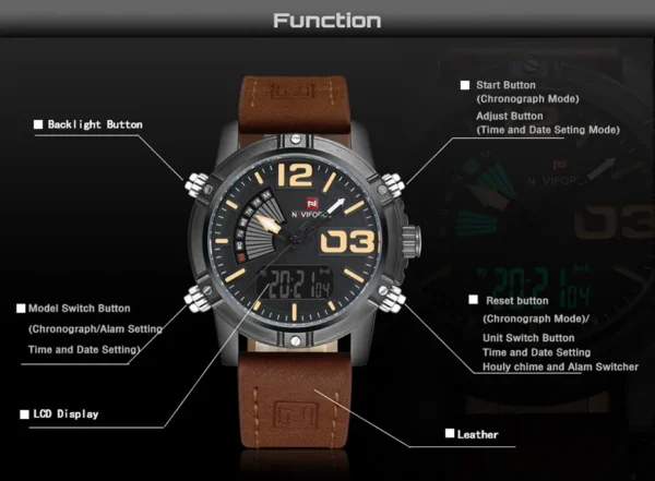 NAVIFORCE NF9095 Luminous Faux Leather Strap Analog Digital Watch for Men- Chocolate - Image 4