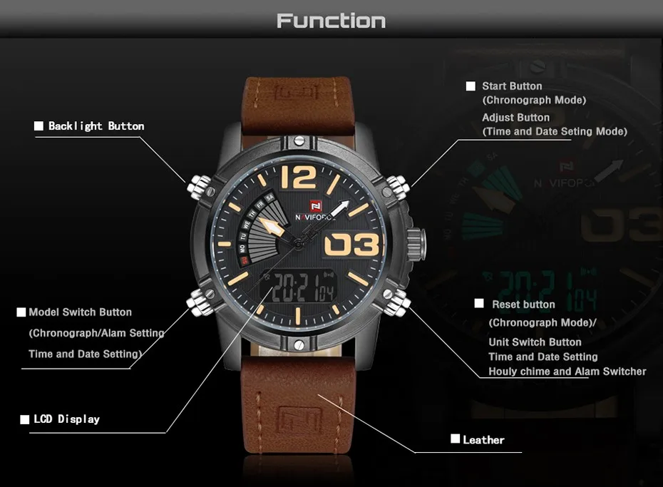 NAVIFORCE NF9095 Luminous Faux Leather Strap Analog Digital Watch for Men- Chocolate - Image 4