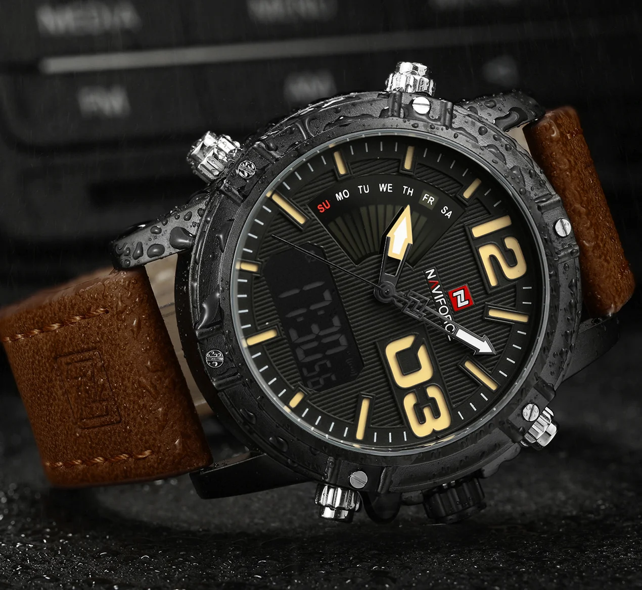 NAVIFORCE NF9095 Luminous Faux Leather Strap Analog Digital Watch for Men- Chocolate - Image 2