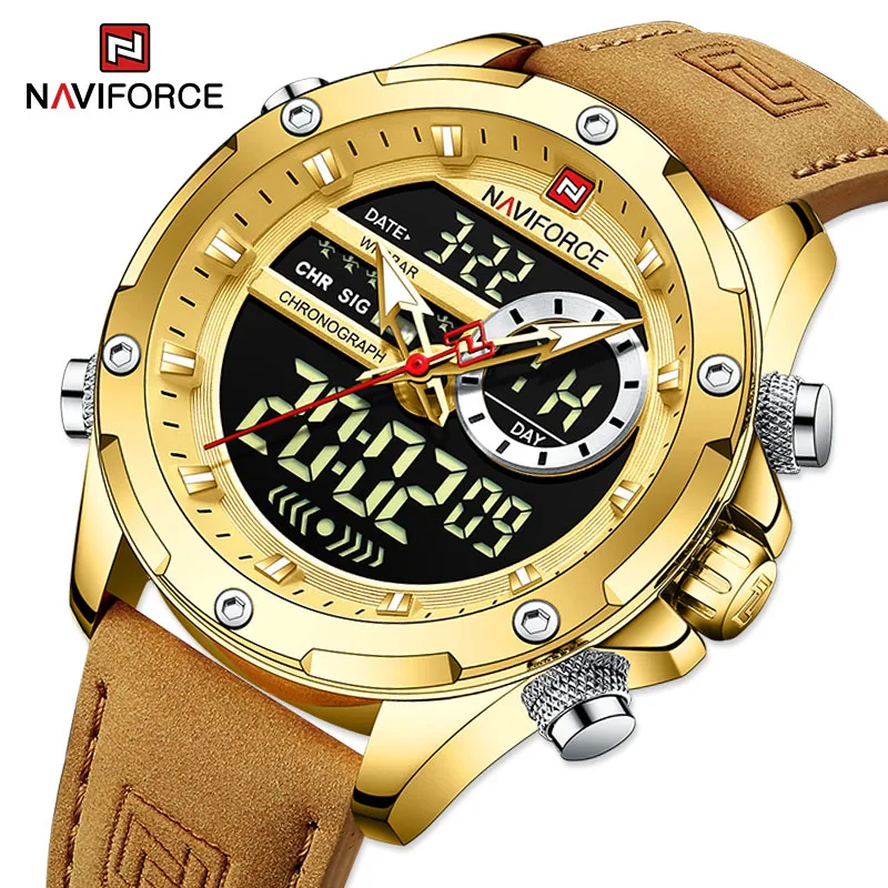 NAVIFORCE NF9208 PU Leather Dual Time Wrist Watch for Men - Golden