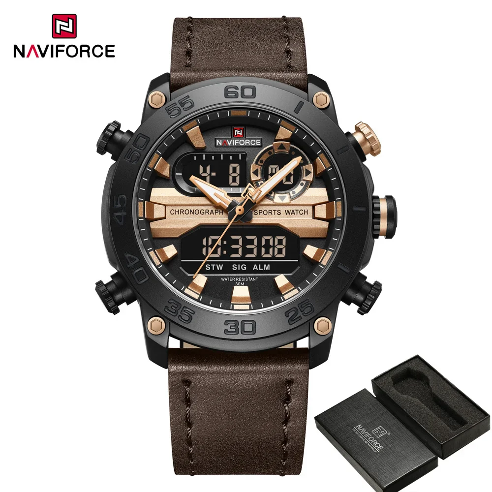 NAVIFORCE 9235 BRGDBN Men Watch Quartz Analog LCD Digital Wristwatch Leather Strap Date Sport Waterproof Watches - Image 2