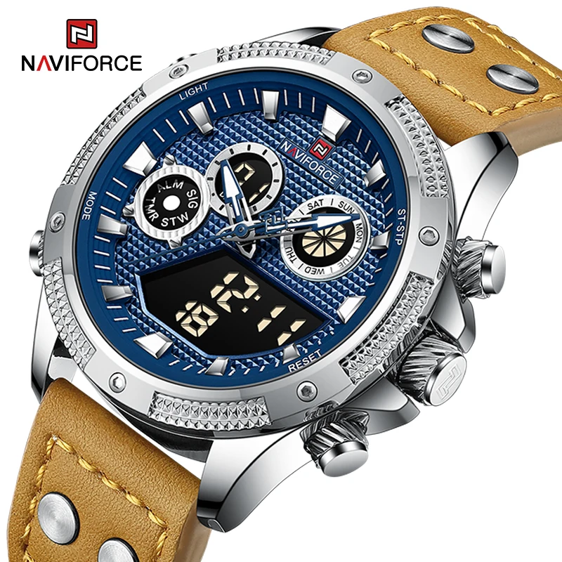 NAVIFORCE 9224 Top Brand Luxury PU Leather Casual Men Watch Digital Male Clock Military Sport Man Wristwatch-Silver & Blue