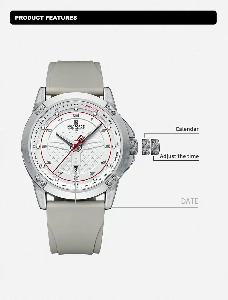 NAVIFORCE 8031 Silver-White Sport Quartz watch for men Silicone strap with Date Alloy Case Wristwatch - Image 5