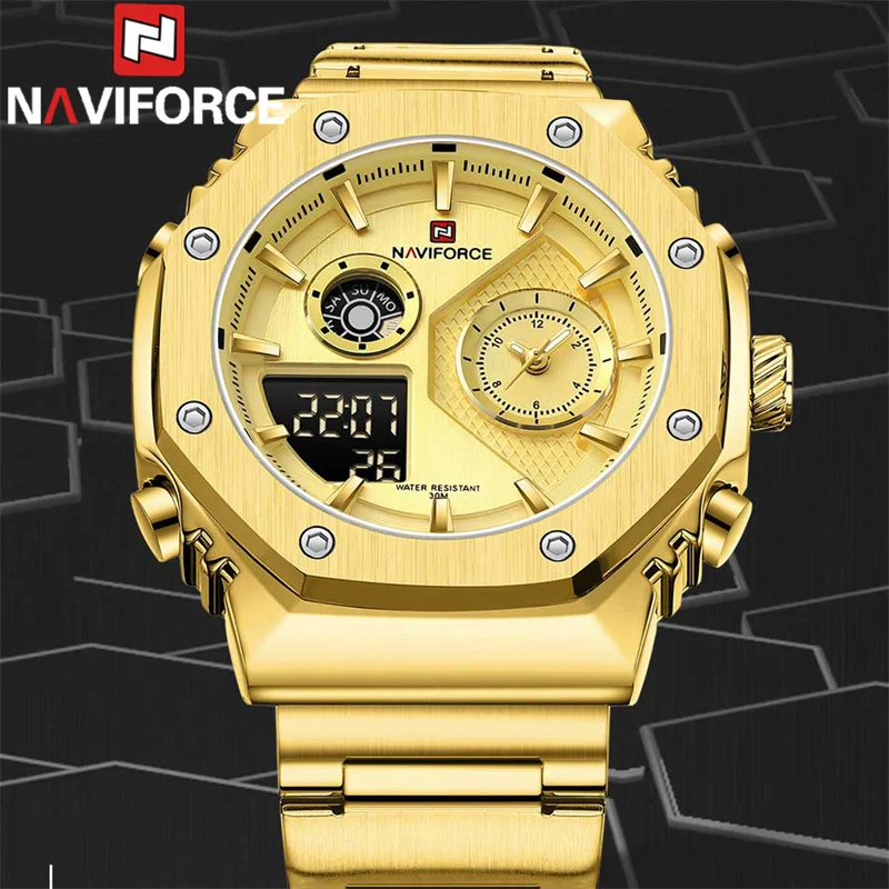 NAVIFORCE NF9216S Golden Stainless Steel Dual Time Watch For Men - Image 3