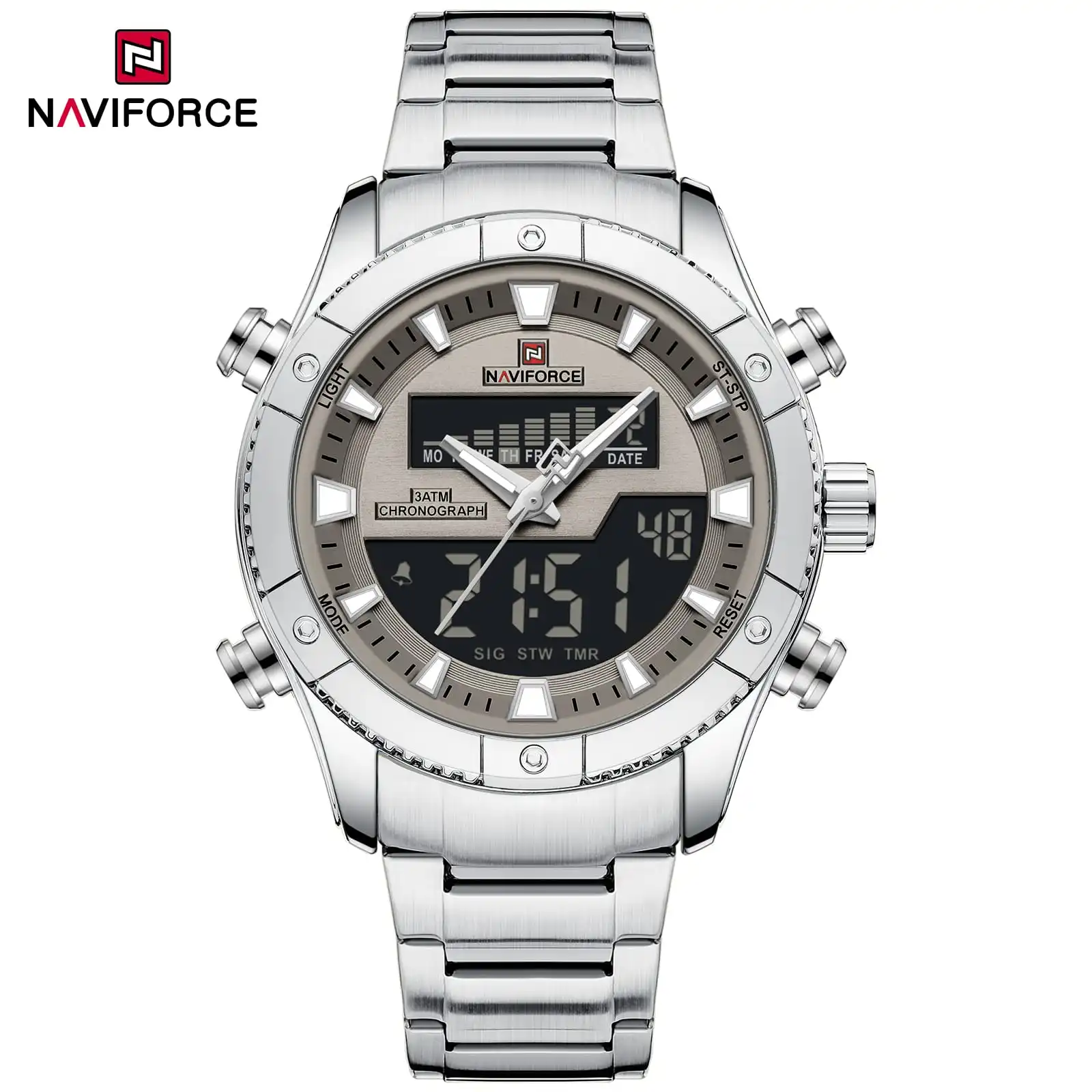 Model: NAVIFORCE NF9259. Movement: Quartz Movement Gender: Men & Male Style: Fashion & Casual & Sport Dial Window Material Type: Hardened Mineral Glass Band Material Type: Stainless Steel Strap Clasp Type: Folding Clasp with Safety Buckle