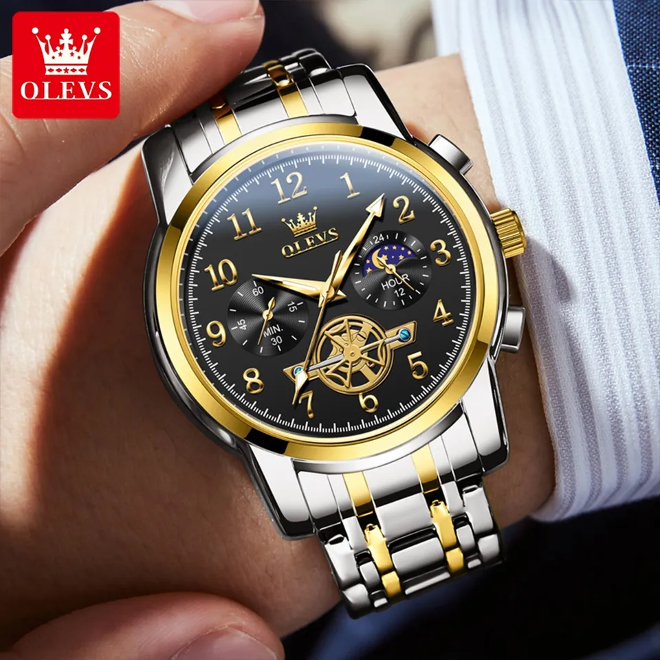 Olevs 2903 Silver Golden Two Tone Stainless Steel Chronograph Wrist Watch For Men